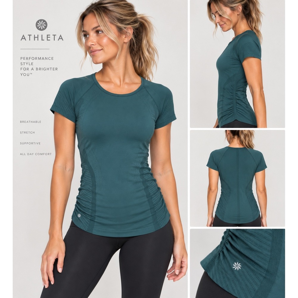 Athleta Speedlight Seamless Tee Ruched Short Sleeve Dark Teal Green XL